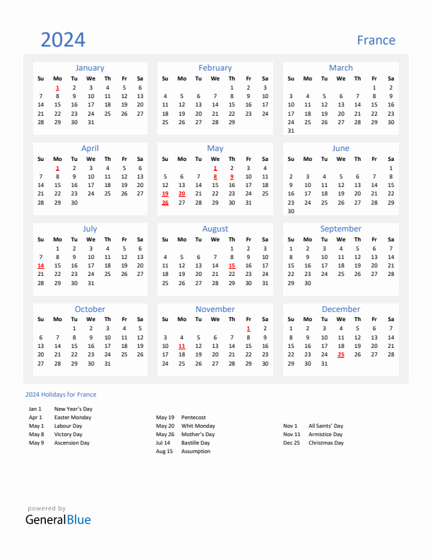 Basic Yearly Calendar with Holidays in France for 2024 