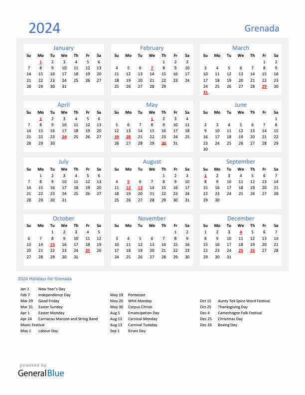 Basic Yearly Calendar with Holidays in Grenada for 2024 