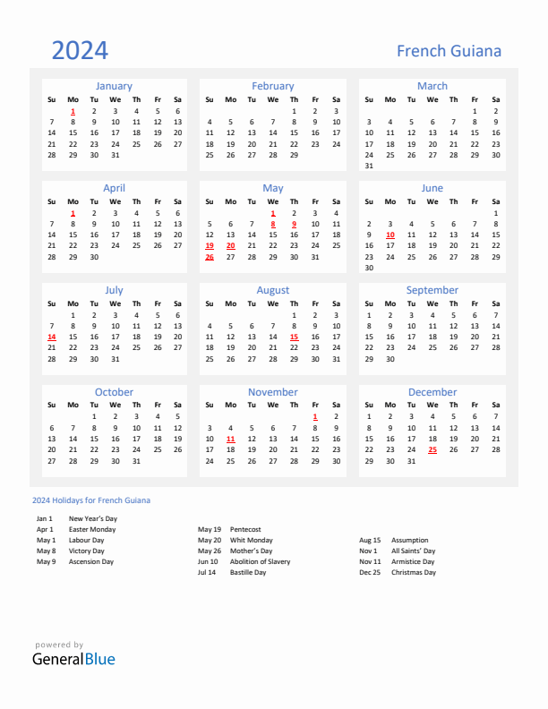 Basic Yearly Calendar with Holidays in French Guiana for 2024 