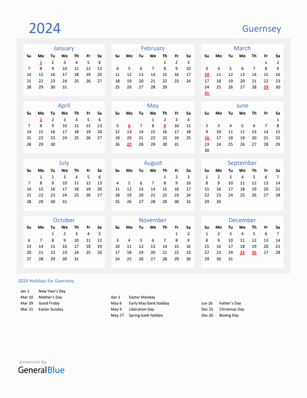 Basic Yearly Calendar with Holidays in Guernsey for 2024 