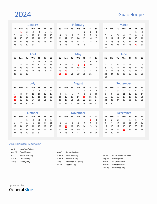 Basic Yearly Calendar with Holidays in Guadeloupe for 2024 