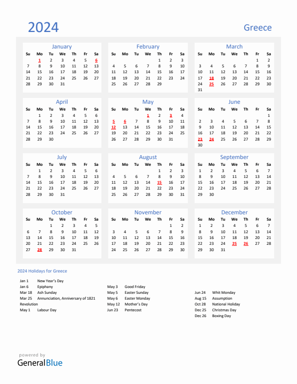 Basic Yearly Calendar with Holidays in Greece for 2024 