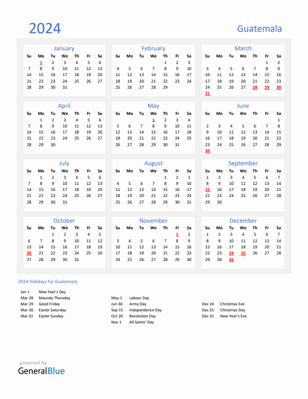 Basic Yearly Calendar with Holidays in Guatemala for 2024 