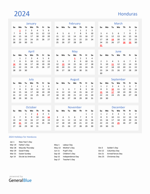 Basic Yearly Calendar with Holidays in Honduras for 2024 