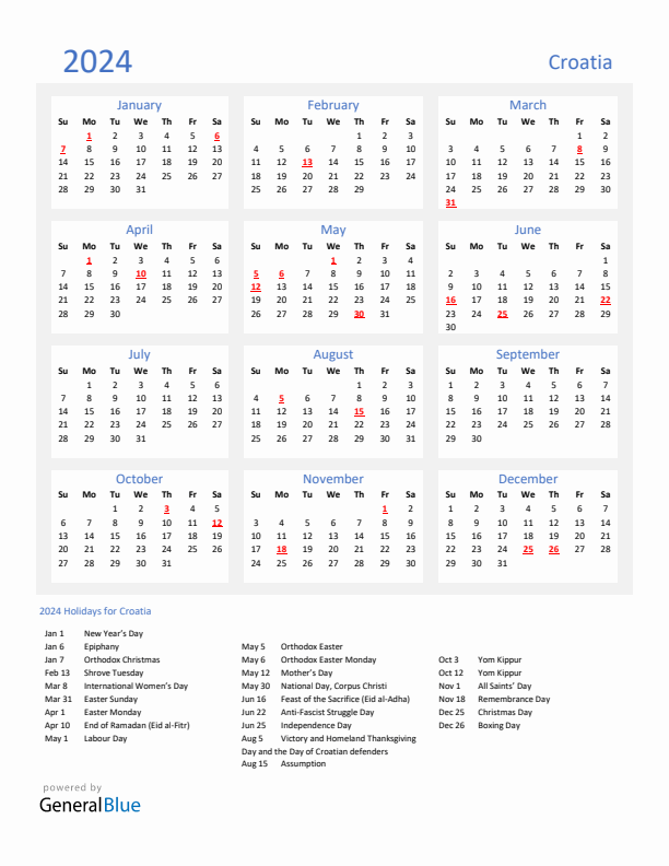 Basic Yearly Calendar with Holidays in Croatia for 2024 