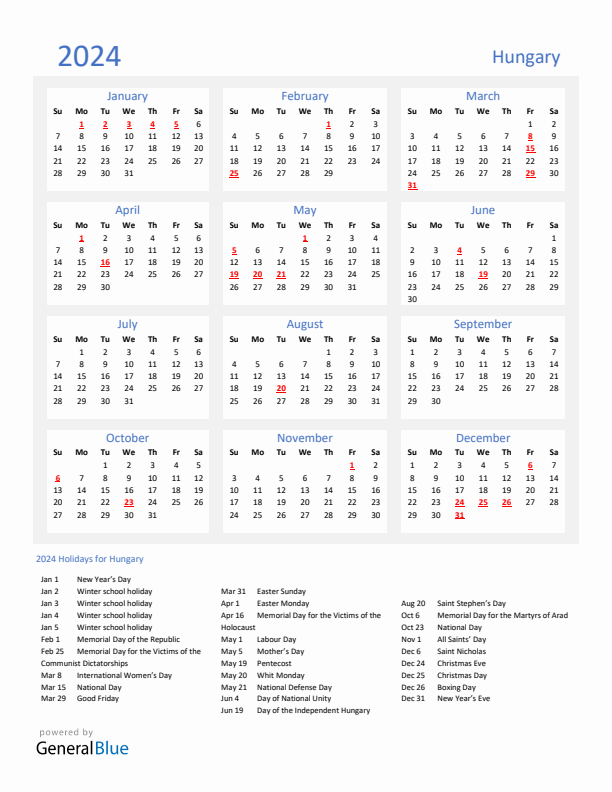 Basic Yearly Calendar with Holidays in Hungary for 2024 