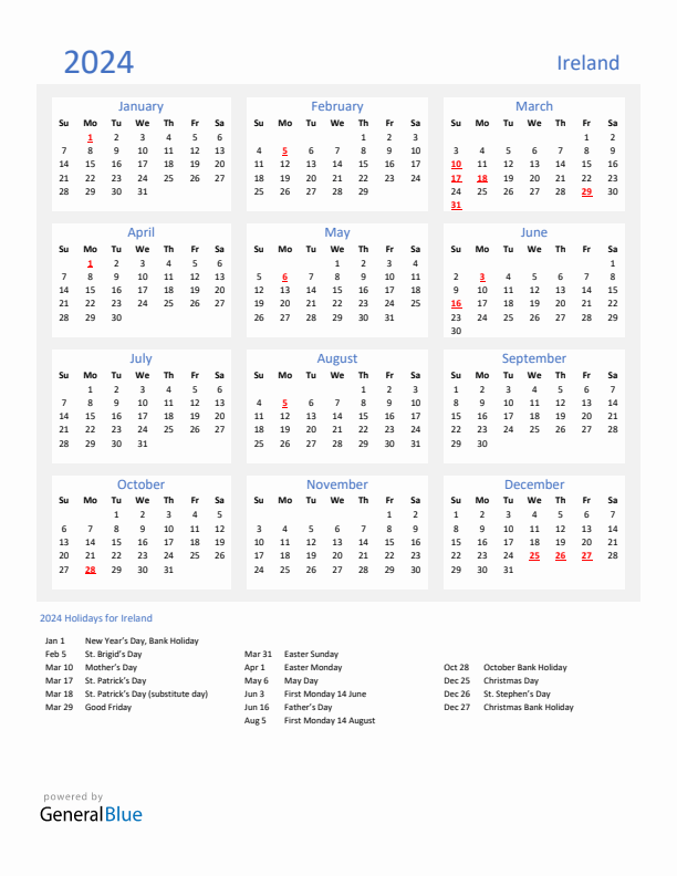 Basic Yearly Calendar with Holidays in Ireland for 2024 