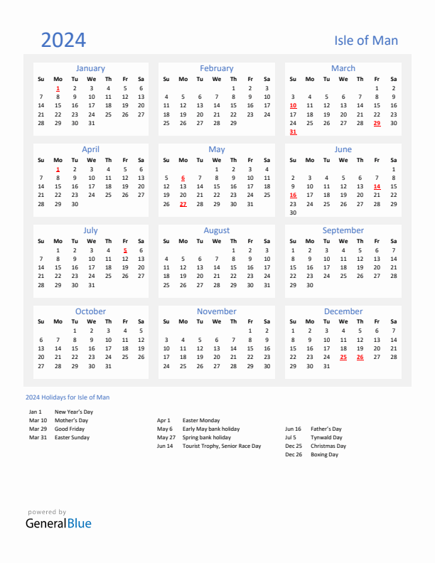 Basic Yearly Calendar with Holidays in Isle of Man for 2024 