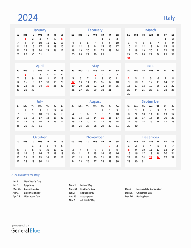 Basic Yearly Calendar with Holidays in Italy for 2024 