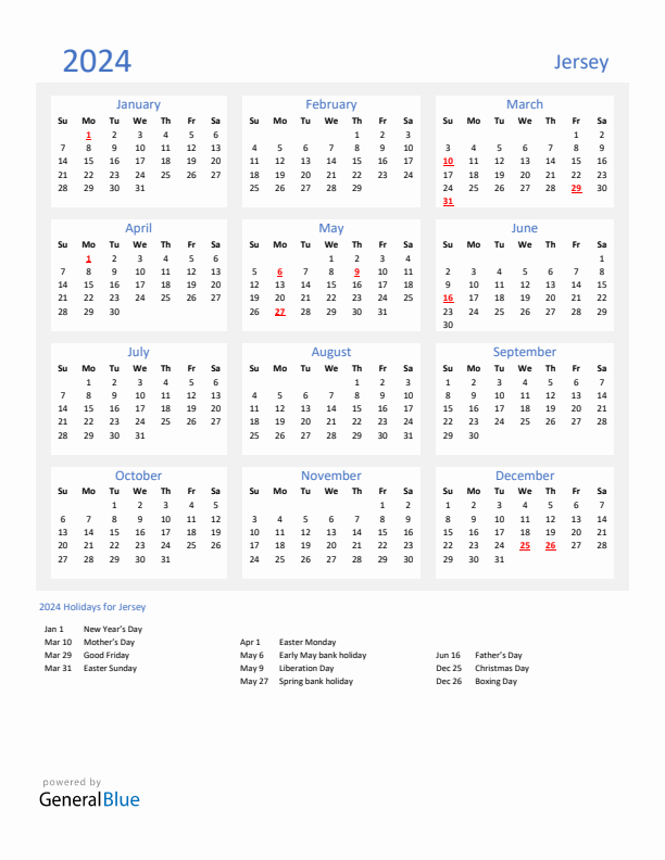 Basic Yearly Calendar with Holidays in Jersey for 2024 