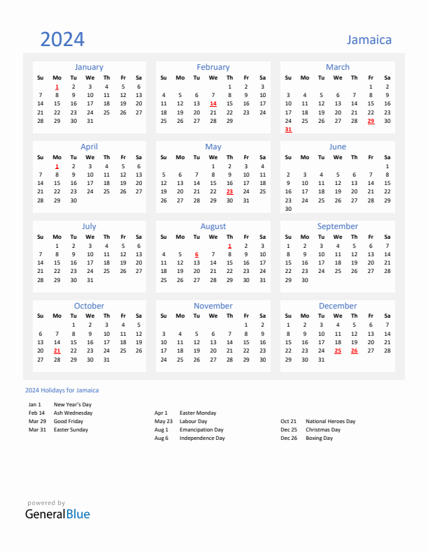 Basic Yearly Calendar with Holidays in Jamaica for 2024 