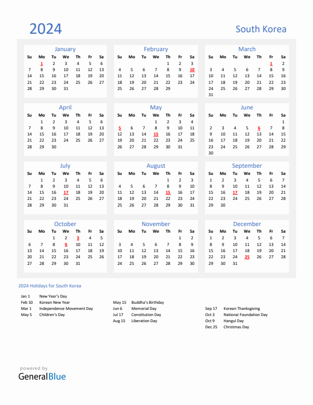 Basic Yearly Calendar with Holidays in South Korea for 2024 