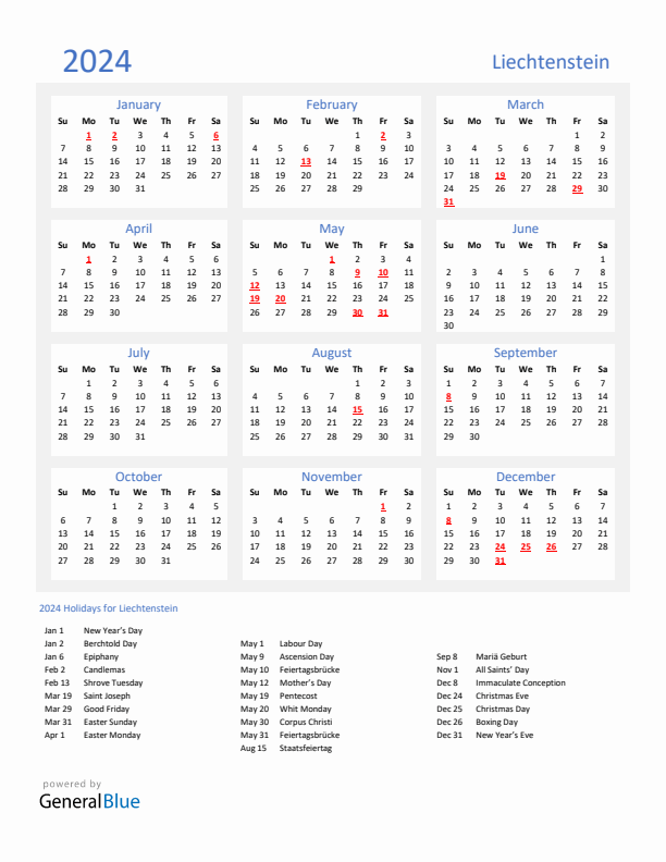 Basic Yearly Calendar with Holidays in Liechtenstein for 2024 