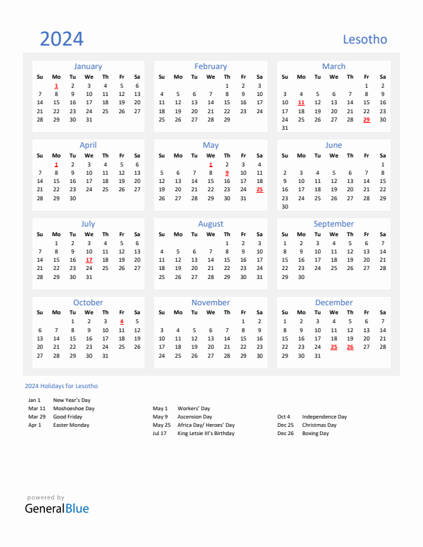 Basic Yearly Calendar with Holidays in Lesotho for 2024 