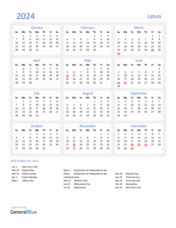 Basic Yearly Calendar with Holidays in Latvia for 2024 