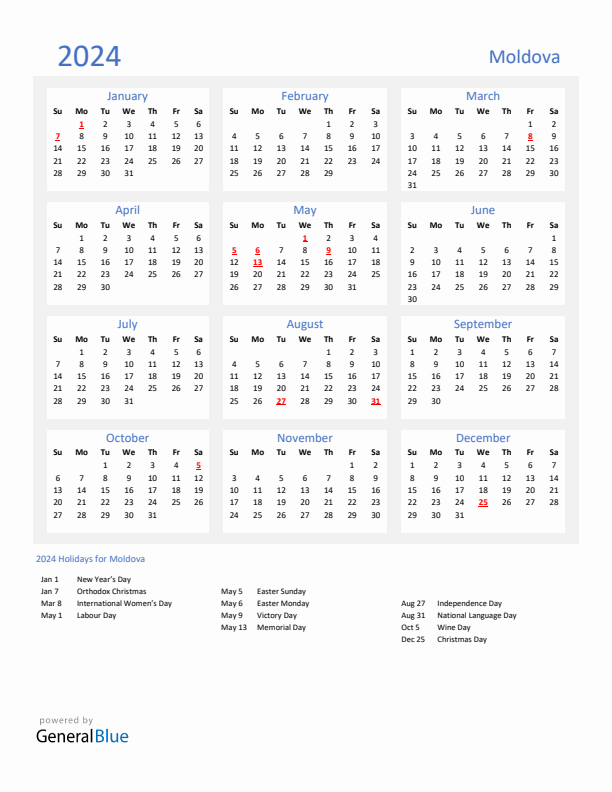 Basic Yearly Calendar with Holidays in Moldova for 2024 