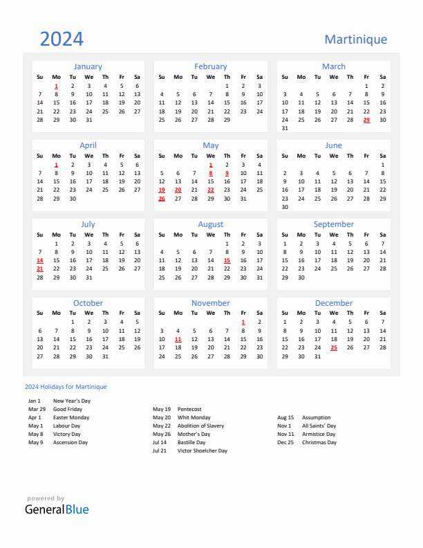 Basic Yearly Calendar with Holidays in Martinique for 2024 