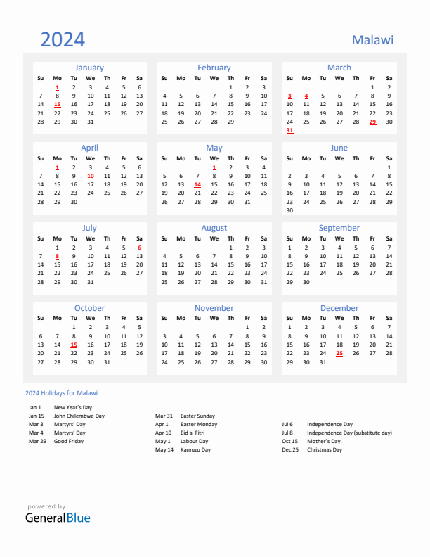 Basic Yearly Calendar with Holidays in Malawi for 2024 