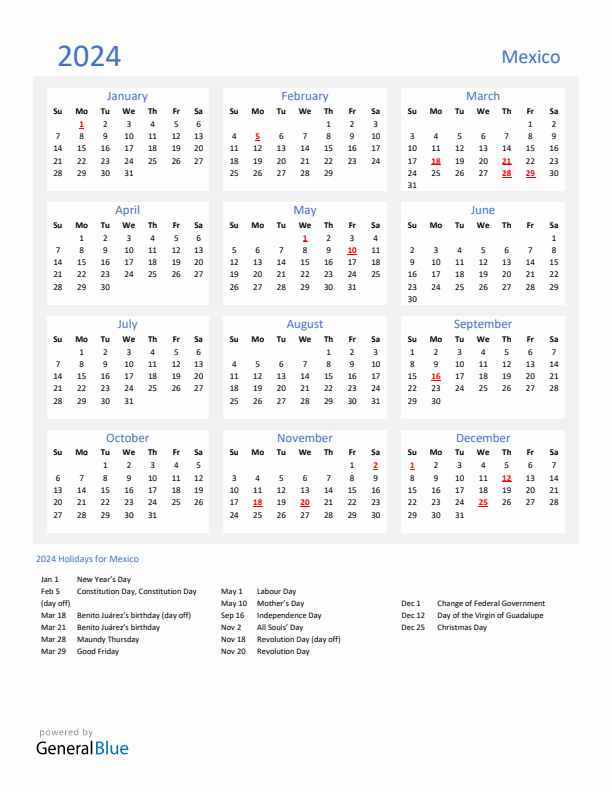 Basic Yearly Calendar with Holidays in Mexico for 2024 