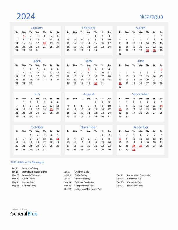 Basic Yearly Calendar with Holidays in Nicaragua for 2024 