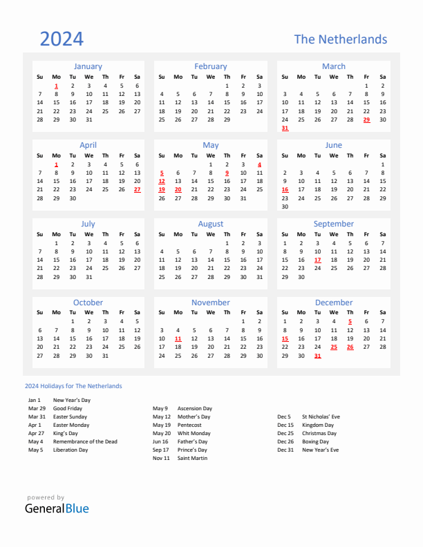 Basic Yearly Calendar with Holidays in The Netherlands for 2024 