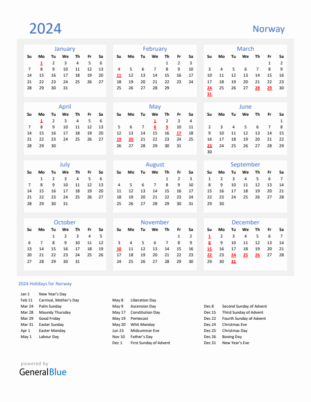 Basic Yearly Calendar with Holidays in Norway for 2024 