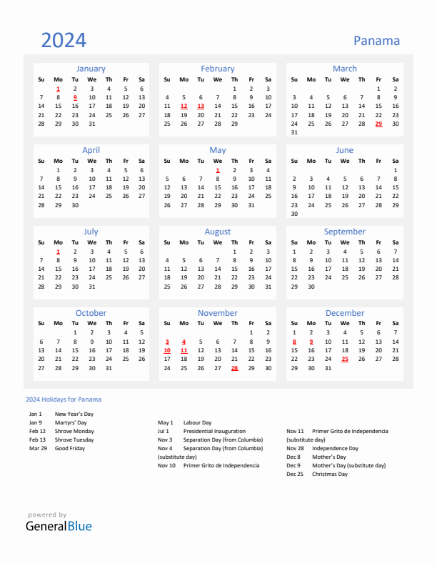 Basic Yearly Calendar with Holidays in Panama for 2024 