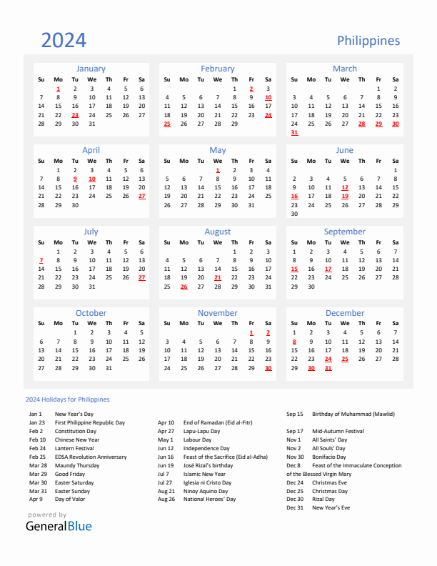 Basic Yearly Calendar with Holidays in Philippines for 2024 