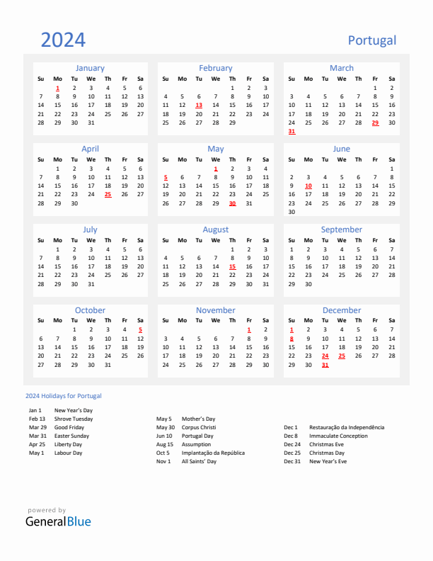 Basic Yearly Calendar with Holidays in Portugal for 2024 