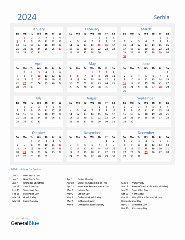 Basic Yearly Calendar with Holidays in Serbia for 2024 