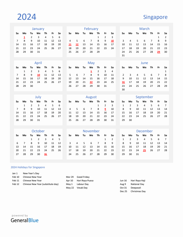 Basic Yearly Calendar with Holidays in Singapore for 2024 