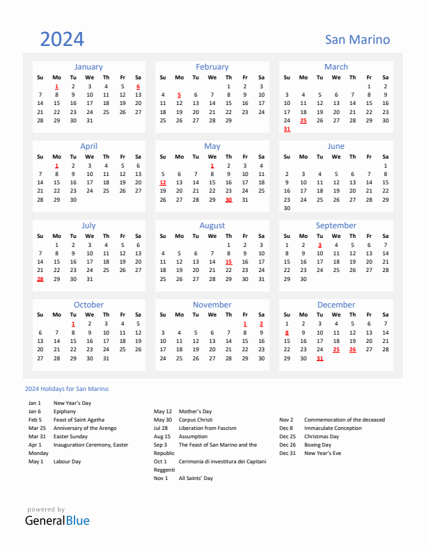 Basic Yearly Calendar with Holidays in San Marino for 2024 