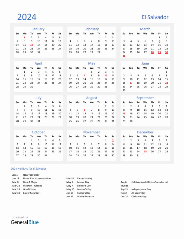 Basic Yearly Calendar with Holidays in El Salvador for 2024 