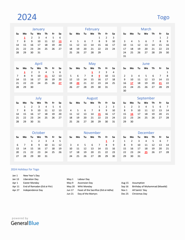 Basic Yearly Calendar with Holidays in Togo for 2024 