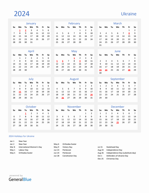 Basic Yearly Calendar with Holidays in Ukraine for 2024 