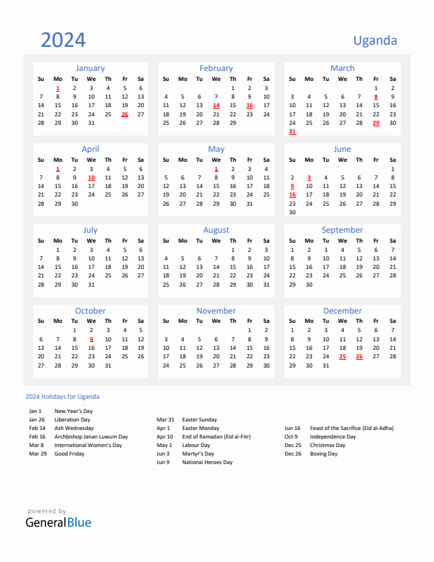 Basic Yearly Calendar with Holidays in Uganda for 2024 