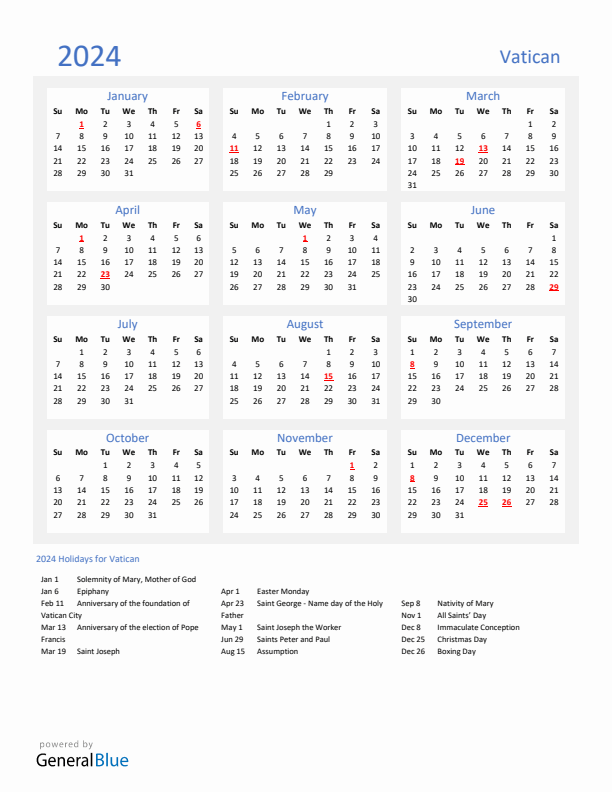 Basic Yearly Calendar with Holidays in Vatican for 2024 