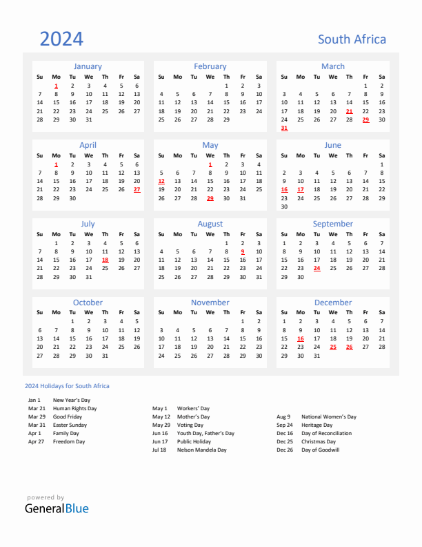 Basic Yearly Calendar with Holidays in South Africa for 2024 