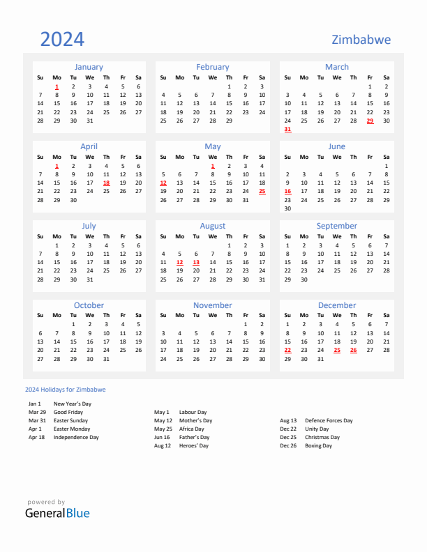 Basic Yearly Calendar with Holidays in Zimbabwe for 2024 