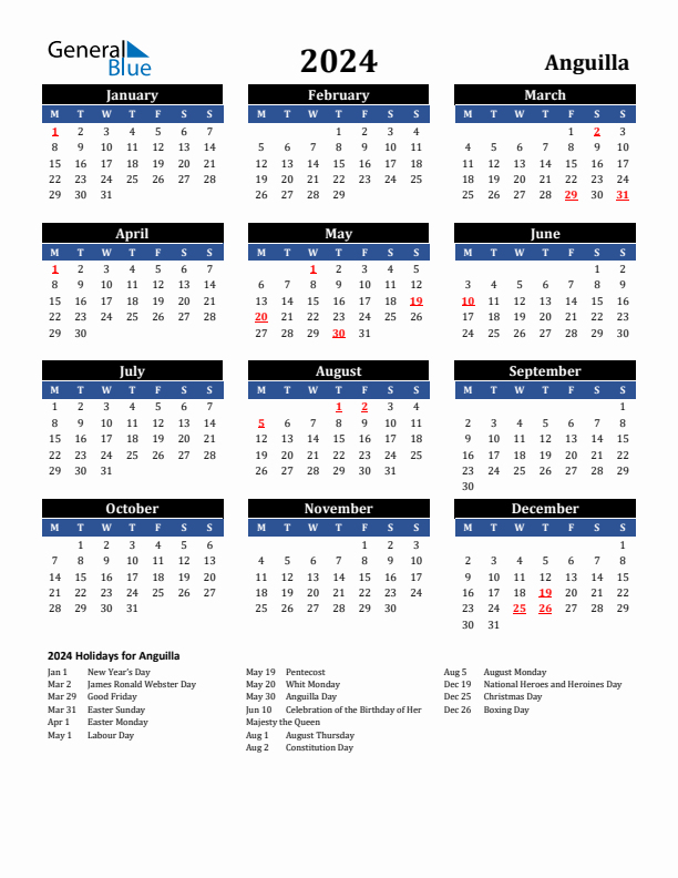 2024 Anguilla Holiday Calendar