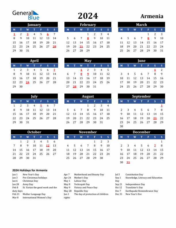 2024 Armenia Holiday Calendar