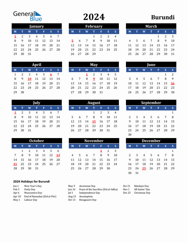 2024 Burundi Holiday Calendar