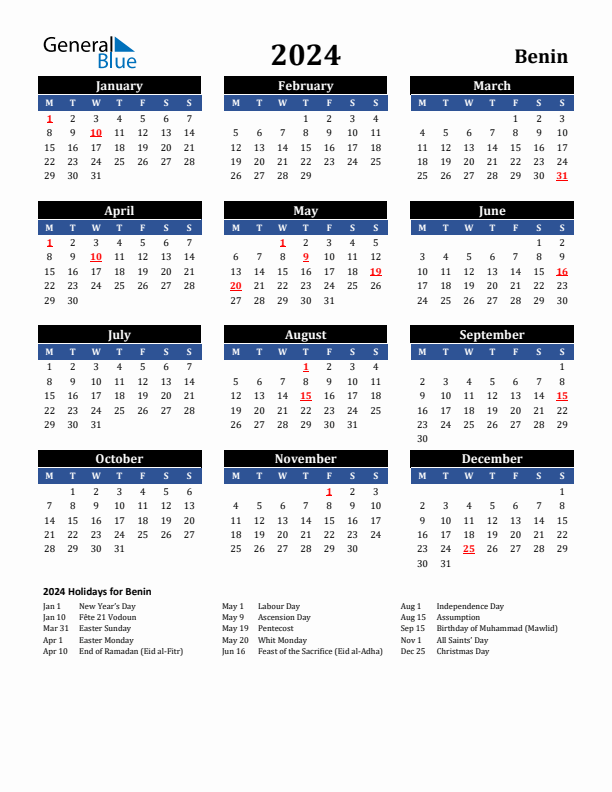 2024 Benin Holiday Calendar