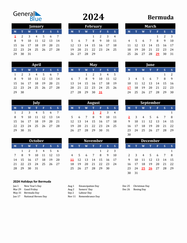 2024 Bermuda Holiday Calendar