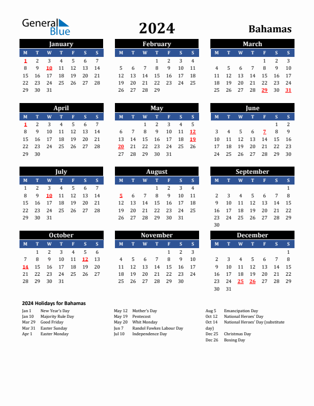 2024 Bahamas Holiday Calendar