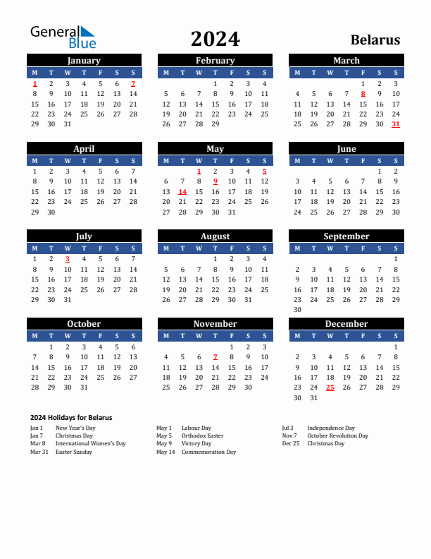 2024 Belarus Holiday Calendar