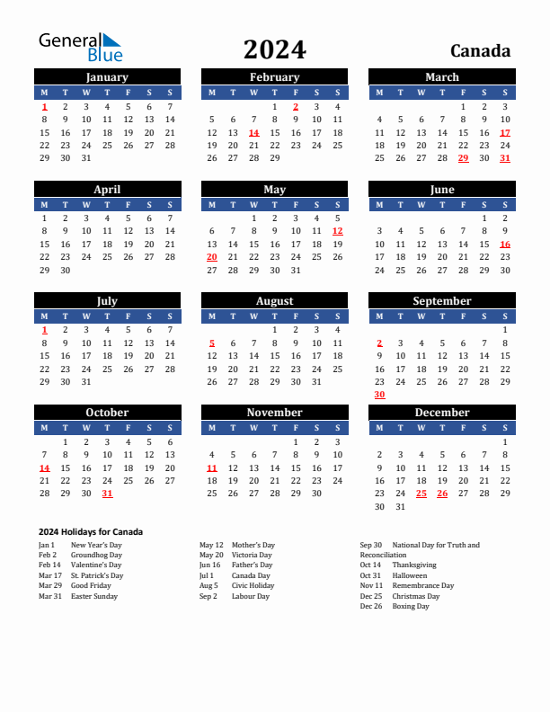 2024 Canada Holiday Calendar