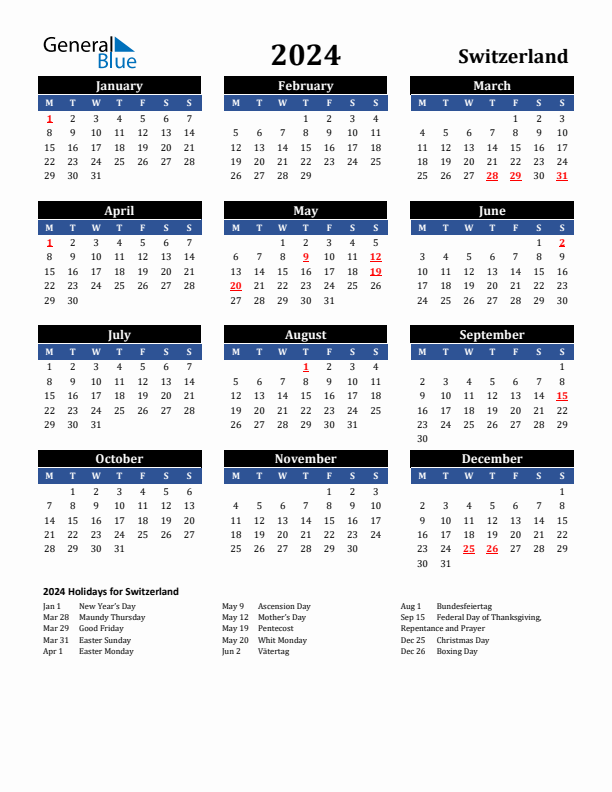 2024 Switzerland Holiday Calendar