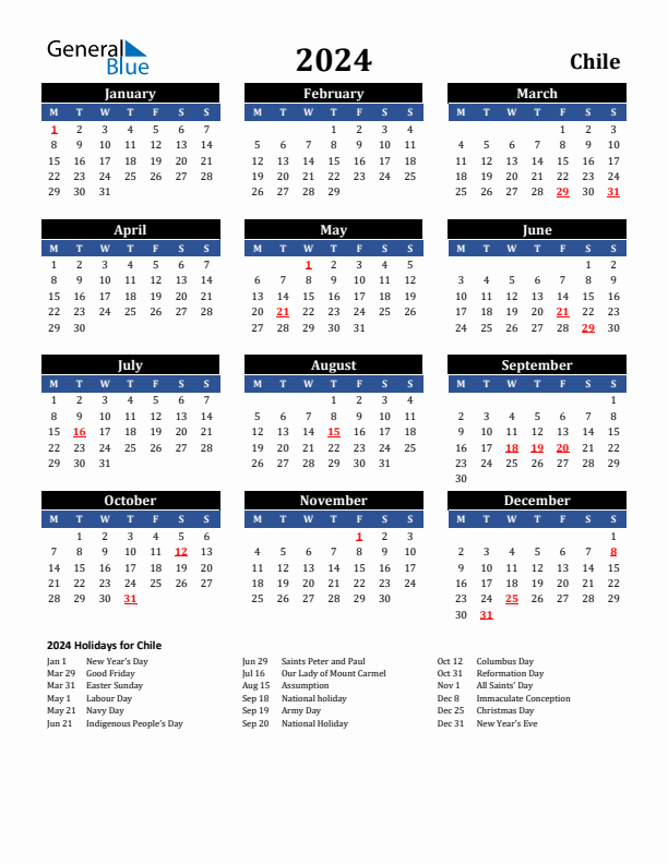 2024 Chile Holiday Calendar