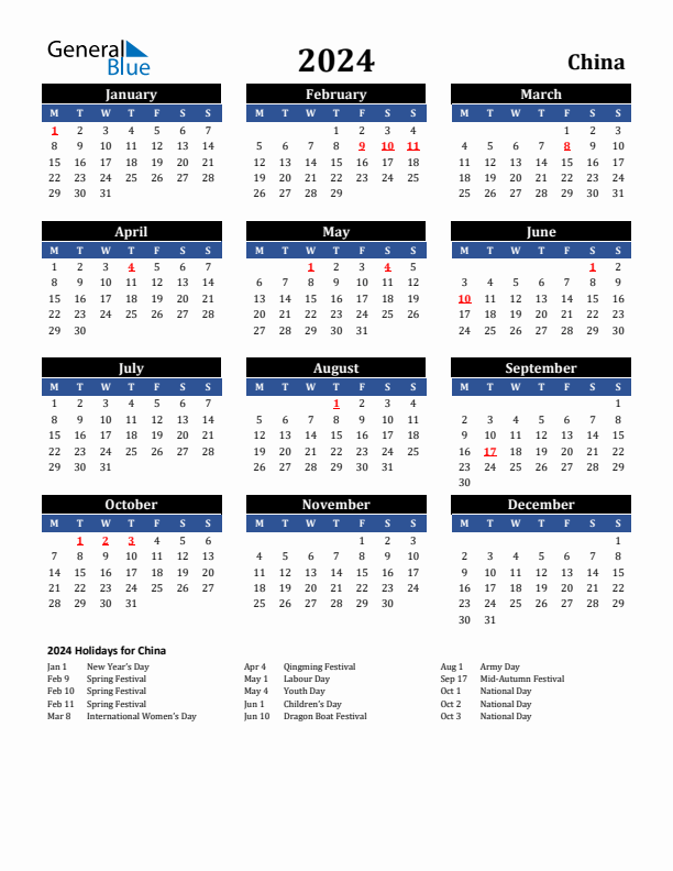 2024 China Holiday Calendar